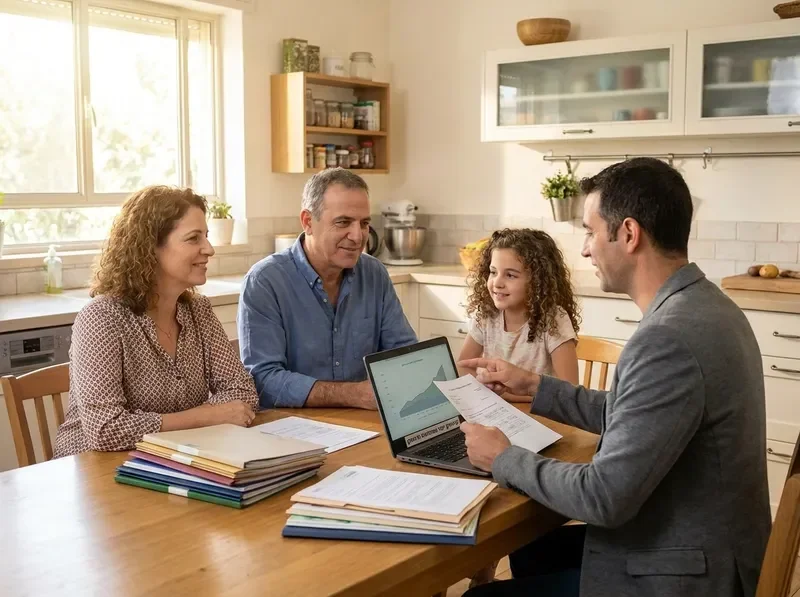 משפחה ישראלית מתייעצת עם יועץ משכנתאות בסלון ביתם